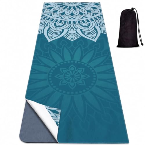 Yoga Mat Towel, Hot Yoga Non Slip with 4 Corner Pockets, 70 x 26 in | Soft Absorbent Microfiber With Four Corner Pockets, Fits Over Yoga Mats For Hot Yoga, Pilates, Gym, And Travel - color: Blue Flower-06, size: Small