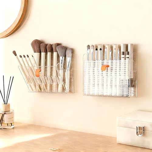 Wall-mounted Makeup Organizers, 16-Slot Eyeliner Lip Liner Organizer Holder, Makeup Organizer for Brush, Makeup Pencils, Concealer Pencil Display Case for Vanity Bathroom (Transparent White) - color: Transparent White
