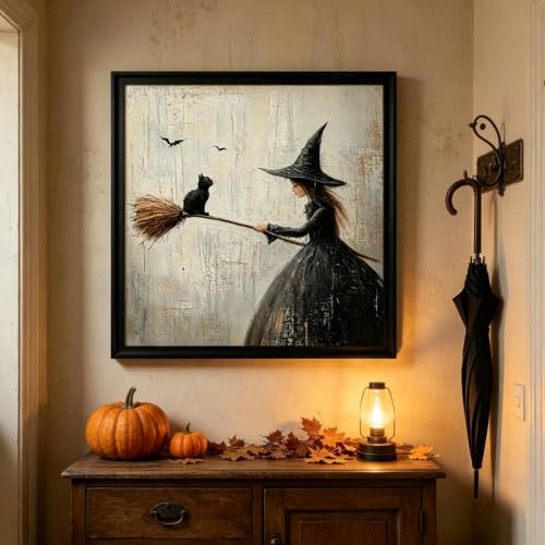 Witch Black Cat Diamond Painting Kit for Adults,Halloween Diamond Art Kit | DIY Full Round Drill Gem Painting Retro Witch on Broom Paint by Diamonds Relaxing Craft for Home Wall Decor 13.7x13.7In - color: KM1293-1