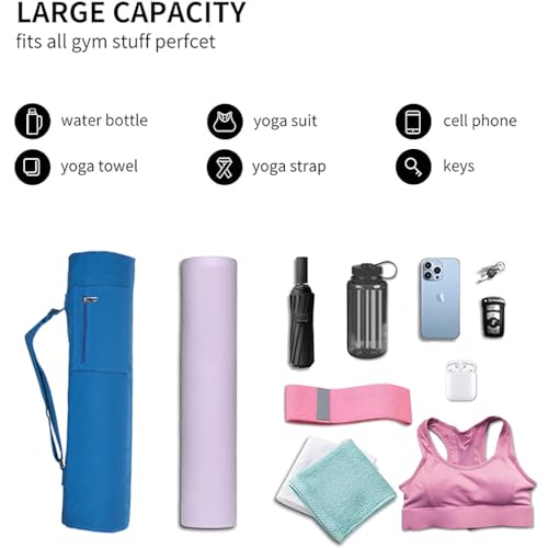 Cotton yoga mat bag with Pockets and Adjustable Strap - Full Zip Cargo Yoga Mat Carrier Bag - Bag for 1/4" 1/3" Thick Yoga Mat - color: Blue, size: L