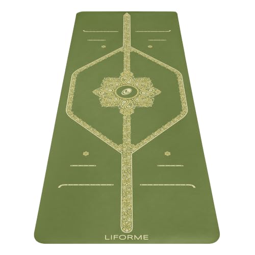 Liforme Printed Yoga Mat - Patented Alignment Design, Ultimate Grip | Eco-friendly, Non-Toxic, Sweat-Resistant, long, wide, 4.2mm thick mat for comfort, recommended for Hot Yoga, Free Yoga Bag - color: Paisley - Olive