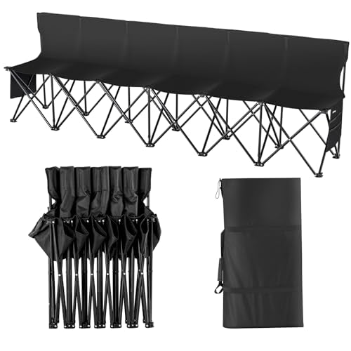 VEVOR Portable Folding B ench, 6 Seats Foldable Sideline B ench, Outdoor Camping Bench Chair with Carry Bag & Backrest, Team Sport Sideline B ench, No Assembly Instant Seating, Black | Lightweight Foldable Sideline Seating with Side Pockets, Carrying Bag,