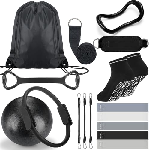 RoundFunny Pilates Ring Circle Set 18 Pcs Exercise Equipment Accessories for Women Workouts Pilates Ball Stretching Strap Magic Circle Yoga Ring Gym Back Bag Resistance Band Anti Slip Socks - color: Black