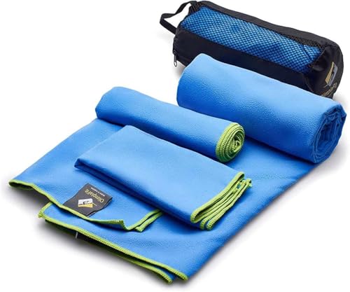 OlimpiaFit Quick Dry Towel - 3 Size Pack of Lightweight Microfiber Travel Towels w/Bag - Fast Drying Towel Set for Camping, Beach, Gym, Backpacking, Sports, Yoga & Swim Use - color: Blue (3 Size Set)