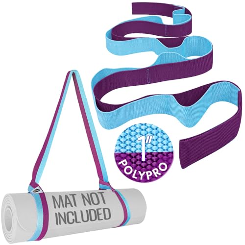 TECEUM Bundle of 2 Items – Yoga Mat Strap Purple Blue 64 IN & Stretching Strap for Yoga Purple Blue Polypropylene 1” – Mat Holder Sling For All Mats – Leg Strap for Exercising, Physical Therapy