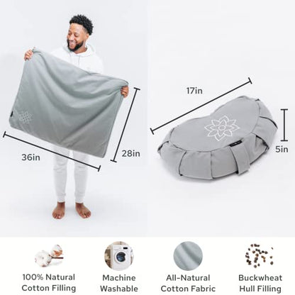 Mindful Modern 명상 쿠션 & 자부톤 명상 매트 번들 - 요가용 100% 면 명상 쿠션 세트 - 메밀 초승달 모양 Zafu 바닥 베개 직사각형 매트 - 슬레이트 그레이 색상