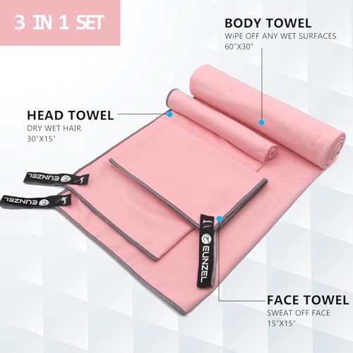 Eunzel Quick Dry Camping Towel, Microfiber Travel Towel 3 Size at 1 Pack,Fast Drying Towel Set for Camping, Beach, Gym, Sports, Yoga & Swimming Pool, Pink - color: Pink