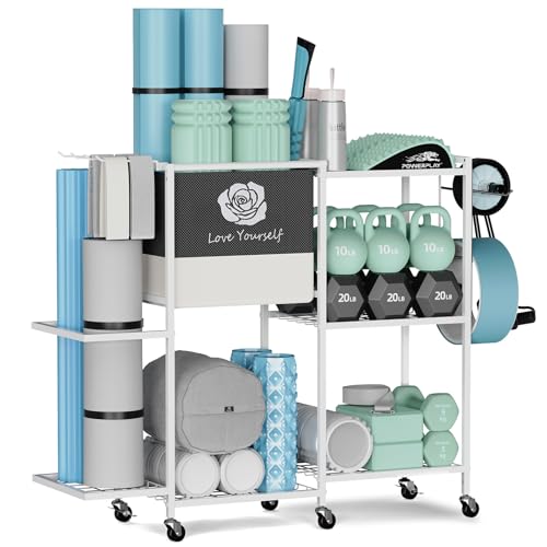 Yoga Mat Storage Rack，Home Gym Storage Rack Gym Workout Equipment Storage Organizer Fitness Weight Rack on Wheels for Yoga Mat,Yoga Block,Foam Roller,Resistance Band,Dumbbell,Kettlebell and Other Workout Accessories - color: Beige