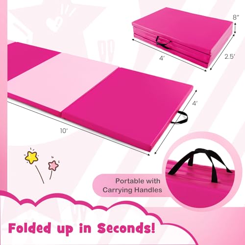 Giantex 4'x10'x 2" Gymnastics Mat, 4-Panel Folding Aerobics Exercise Mat w/Hook & Loop Fastener, Carrying Handle, Portable Tumbling Mat for Stretching Yoga Cheerleading Martial Arts - color: Light Pink/Pink