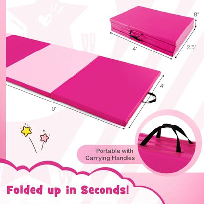 Giantex 4'x10'x 2" Gymnastics Mat, 4-Panel Folding Aerobics Exercise Mat w/Hook & Loop Fastener, Carrying Handle, Portable Tumbling Mat for Stretching Yoga Cheerleading Martial Arts - color: Light Pink/Pink