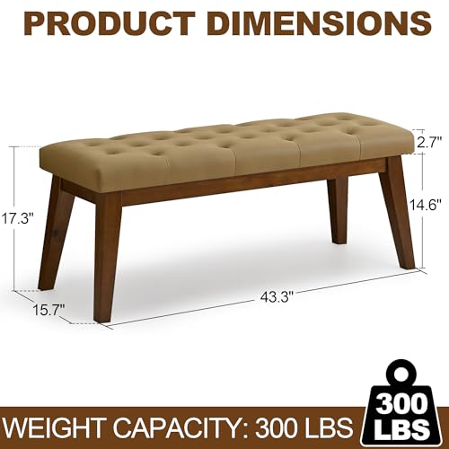 43.5'' Faux Leather Bedroom Bench, Upholstered End of Bed Bench with Tufted Button, Padded Vintage Dining Bench, Entryway Bench with Solid Wood Legs, Kitchen, Living Room, Hallway, Light Brown Tufted - color: Light Brown-pu-tufted