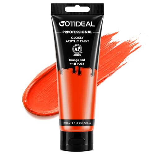 GOTEIDAL Orange Acrylic Paint, Orange Red Paint (250ml / 8.45oz) Tubes | Art Craft Paints, Rich Pigments Non Toxic for Canvas Painting, Rock, Stone, Wood, Art Supplies - color: Orange Red