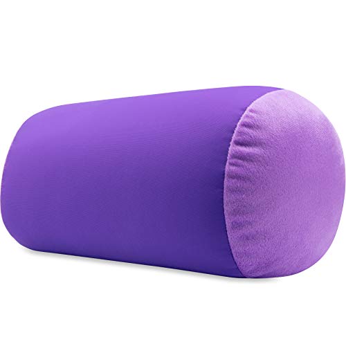 Microbead Bolster Neck Roll Pillow, 14x8 in Cylinder Tube, Dark Lavender | Silky feel fabric helps prevent wrinkles & hair breakage; feather-light beads gently cushion head & shoulders as you rest - color: Dark Lavender