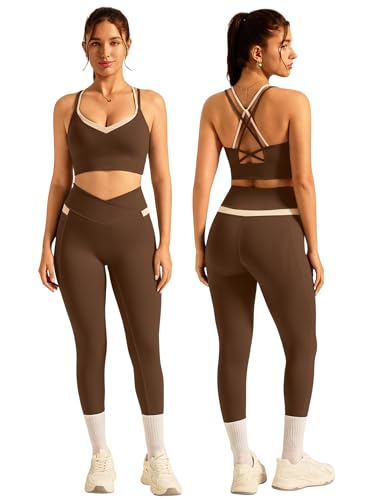 Workout Sets for Women 2 Piece Leggings Set Gym Sets Athletic Yoga Outfits - color: Brown, size: Large