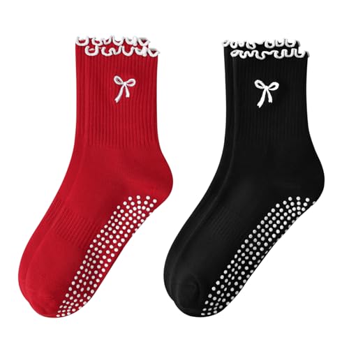 Women's Pilates Grip Socks, Ruffle Non Slip Bow Pattern Yoga Socks | Grippy, Frilly Trim, Embroidery, Crew Length, Soft Cotton, Arch Support, for Barre Ballet Dance Workout Hospital Home Gifts - color: B06-bow-red+black