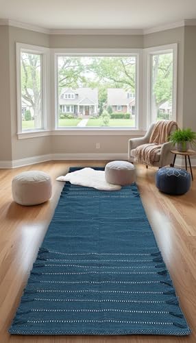 Indian Handmade 100% Organic Cotton Yoga Mat, Hand Woven Rug, Yoga Mat For Everyday Fitness at Home Comfortable Foldable Long Mat - color: Blue