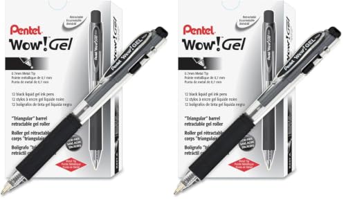 Pentel WOW! Gel Retractable Gel Pen 0.7mm Medium Line Black Ink, Box of 12 (K437-A) (Pack of 2) - color: Black, size: 12 Count (Pack of 2)