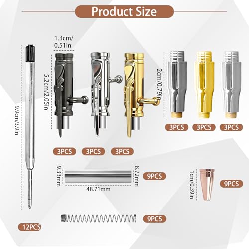 9 Pcs Bolt Action Pen Kits with Mandrel Slimline Turning Supplies Woodturning Ballpoint Gift Kit Bolt Bullet Pens for Men Woodturning DIY Gift (Silver, Gold, Gun Gray)