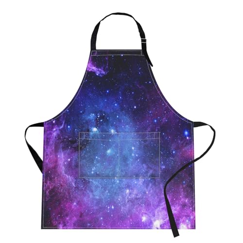 Apron with Pockets, 32x28 inch, for Women Men, Purple Starry Sky | Space Planet Universe Waterproof Adjustable Bib Aprons for Kitchen Cooking Baking Painting Gardening - color: Galaxy