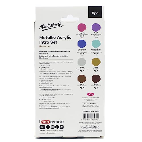 Mont Marte Metallic Acrylic Paint Set 8 Piece x 18 ml Tubes, Lightfast Colors with Smooth Consistency and Opaque Metallic Finish. - size: 0.61 Fl Oz (Pack of 1)