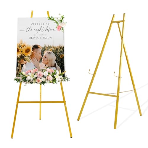 Gold Easel Stand for Sign, 43.5in Heavy Duty | 43.5in height, 4 adjustable tiers, holds 30 lbs, wedding signs, photos, mirrors, tabletop & floor displays, folding metal - size: high--43.5"