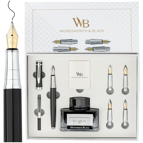Wordsworth & Black Luxury Fountain Pen Set for Writing, 6 Nibs,Black Chrome | Fountain Ink Bottle, Cartridges & Refill Converter, Refillable, Black, High End Gift for Men & Women, Journaling & Lettering - color: Black Chrome