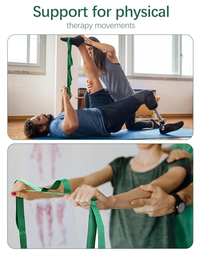 10 Loop Yoga Stretching Strap for Physical Therapy - Non-Elastic Exercise Band for Pilates, Yoga, Stretching for Women & Men - color: Green