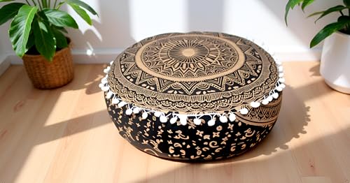 INDIAN CRAFT CASTLE ICC Black Gold Mandala Mandala Barmeri Large Floor Pillow Cover Cushion Meditation Seating Ottoman Throw Cover Hippie Decorative Zipped Bohemian Pouf Ottoman Cases 16" Round - color: Black Gold, size: 16"D x 16"W x 5"H