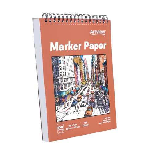 Artview 9" x 12" Marker Paper Pad, 100 Sheets, 73 lb/120 GSM Heavyweight Spiral Marker Paper, Bleed-Resistant for Alcohol Markers, Dual-Sided Drawing & Painting for Adults and Kids