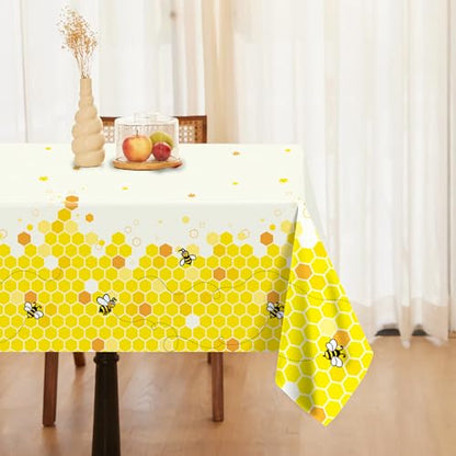 1Pc Bee Party Plastic Tablecloth 54 x 87 Inch Long Table Cover, Honey Honeycomb Party Tablecover for Cartoon Bee Theme Kids Baby Shower Birthday Dinner Picnic Kitchen Event - color: Bee