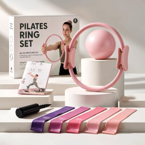 PAETA Pilates Ring Set – 14” Magic Circle (38 lbs Resistance), 9.8” Pilates Ball, 5 Resistance Bands, and Exercise Guide Included for Home Workouts - color: pink
