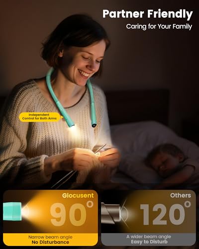 Glocusent Neck Light with Timer, 100 Hours Book Light for Bedtime Reading | Neck Reading Light, 3-Color, 5 Brightness, Bendable, Ergonomic, 1600mAh, Rechargeable, Eye Care, Sleep Aid, Travel Lock, Gift - color: Mint Green
