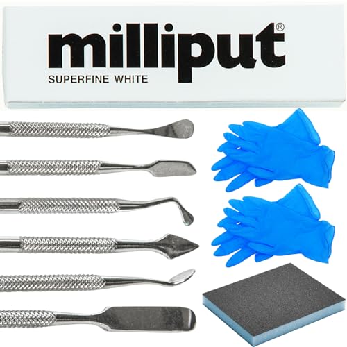 Milliput Superfine White Epoxy Putty 10 Pc Kit - Ceramic & Porcelain Repair | Fixes sinks, tubs, tiles and stone. Includes 6 double ended sculpting tools, sanding sponge, 2 pairs gloves and tips card