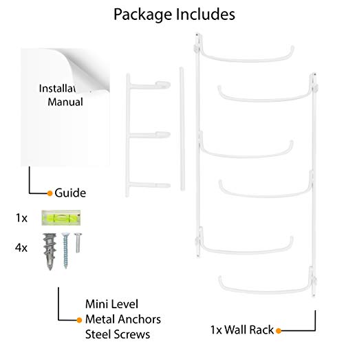 Wallniture Guru Yoga Mat Holder Wall Mount with 3 Hooks for Hanging Yoga Strap, Resistance Bands, 5-Sectional Metal - color: White, size: 19'' H | 3 Sectional