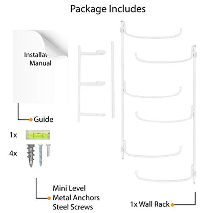 Wallniture Guru Yoga Mat Holder Wall Mount with 3 Hooks for Hanging Yoga Strap, Resistance Bands, 5-Sectional Metal - color: White, size: 19'' H | 3 Sectional