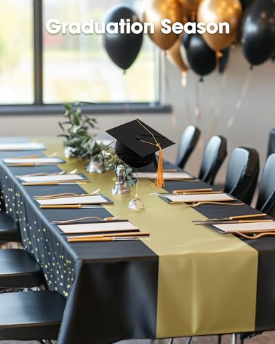 Pureegg Plastic Table Cloth Disposable 8 Pack 54 x 108 Inch, Black Gold | Graduation Party, Class of 2026, Table Runner Style, Leakproof & Sturdy, Table Cover - color: Black Gold, size: 54" X 108" Rectangle