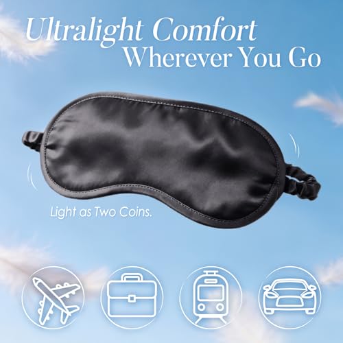 LULUSILK Mulberry Silk Sleep Eye Mask Blindfold with Elastic Strap Headband, Soft Eye Cover Eyeshade for Night Sleeping, Travel, Nap(Black), Pack of 1 - color: Black-2