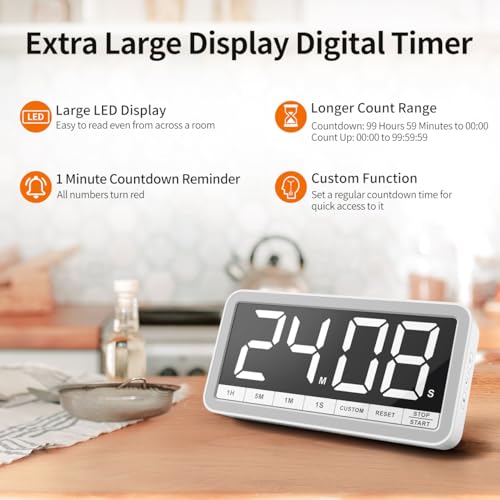 VOCOO Large 7.8" Digital Timer, Magnetic LED Timer for Kitchen & Classroom | USB-C Rechargeable, Up to 99 Hours Count Up & Countdown Timer with 3 Brightness Levels, 4 Alert Modes and 3 Volume Levels - color: White