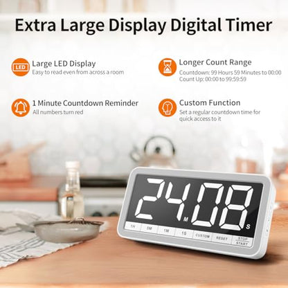VOCOO Large 7.8" Digital Timer, Magnetic LED Timer for Kitchen & Classroom - color: White