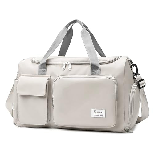 Suruid Gym Bag with Shoe Compartment, Sports Duffle Bag for Women, GWhite - color: White Gray