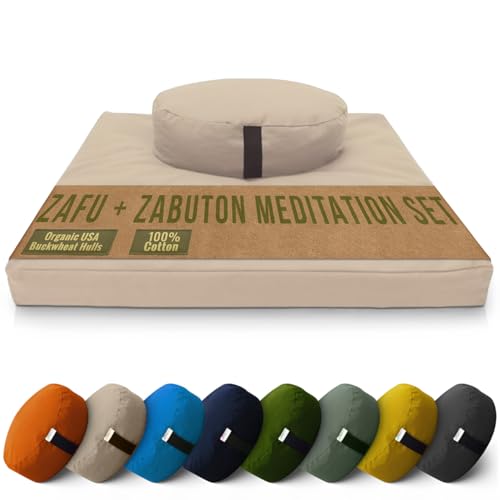 Bean Products Meditation Cushion Mat Set - Zafu Floor Pillow Organic Buckwheat Pillow + Cotton Filled Zabuton Prayer Pad - Meditation Pillow Yoga Knee Pad - Made in USA - 14" Round or 18" Oval - color: Natural - 10oz Cotton Canvas, size: Oval Combo