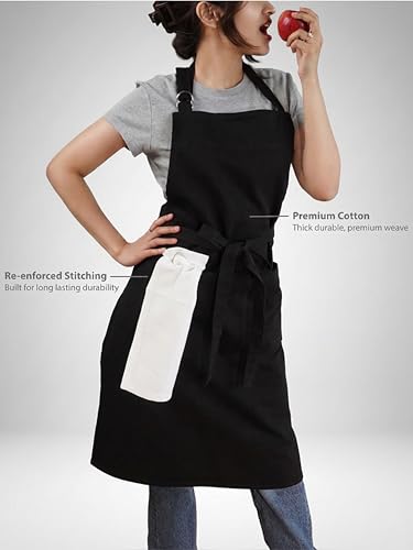 100% Cotton Kitchen Apron with 2 Pockets – Adjustable Chef Apron for Cooking Baking BBQ – Unisex Apron - color: Jet Black