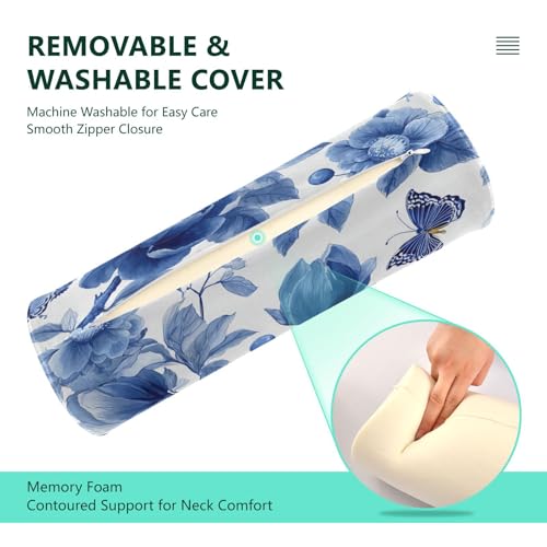 Blue White Flower Neck Roll Pillow Bolster Round Health Memory Foam Long Cervical Roll Cylinder Pillows with Removable Washable Cover for Body Bed Legs Back Yoga - color: Blue and White 35