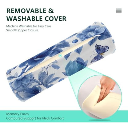 Blue White Flower Neck Roll Pillow Bolster Round Health Memory Foam Long Cervical Roll Cylinder Pillows with Removable Washable Cover for Body Bed Legs Back Yoga - color: Blue and White 35