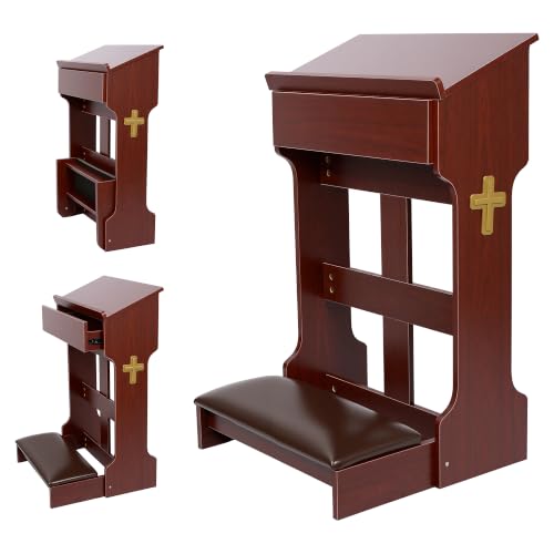 Wooden Prayer Kneeler Bench, Foldable Prayer Stool with Storage Drawer | Thick Padded Kneeling Cushion, Rounded Book Rest & Cross Accent, Catholic Prayer Bench for Home Altar, Church and Meditation
