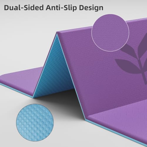 HAHE Extra Thick 7-Fold Yoga Mat, 72"x24"x0.47" TPE Exercise Mat - color: Flower Purple + Sky Blue
