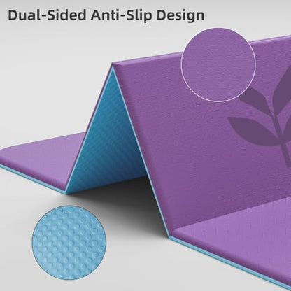 HAHE Extra Thick 7-Fold Yoga Mat, 72"x24"x0.47" TPE Exercise Mat - color: Flower Purple + Sky Blue
