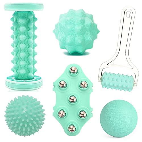Foot Massage Ball & Foot Rollers 6 in 1 Set with Handheld Roller, Spiky Ball, Lacrosse Ball, Massage Roller, Steel Ball Massager for Relieve Plantar Fasciitis, Deep and Superficial