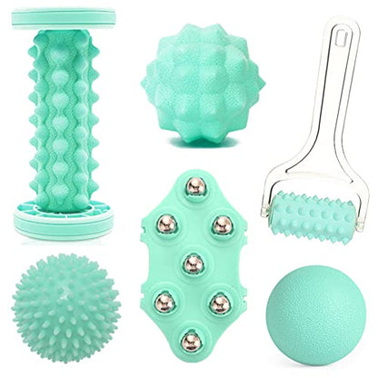 Foot Massage Ball & Foot Rollers 6 in 1 Set with Handheld Roller, Spiky Ball, Lacrosse Ball, Massage Roller, Steel Ball Massager for Relieve Plantar Fasciitis, Deep and Superficial