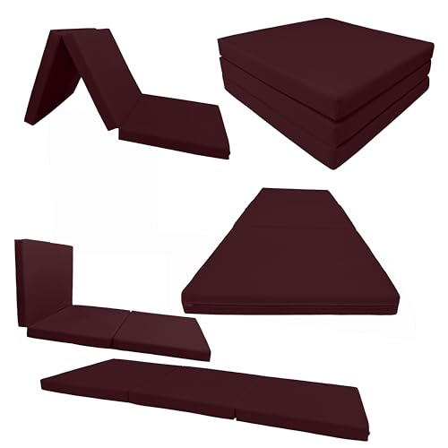 D&D Futon Furniture Trifold Foam Beds, Floor Tri-Fold Bed, Foldable Shikibuton Mattress Cushion Topper Mat for Space Saving Sleepover 3x27x75 in, Burgundy